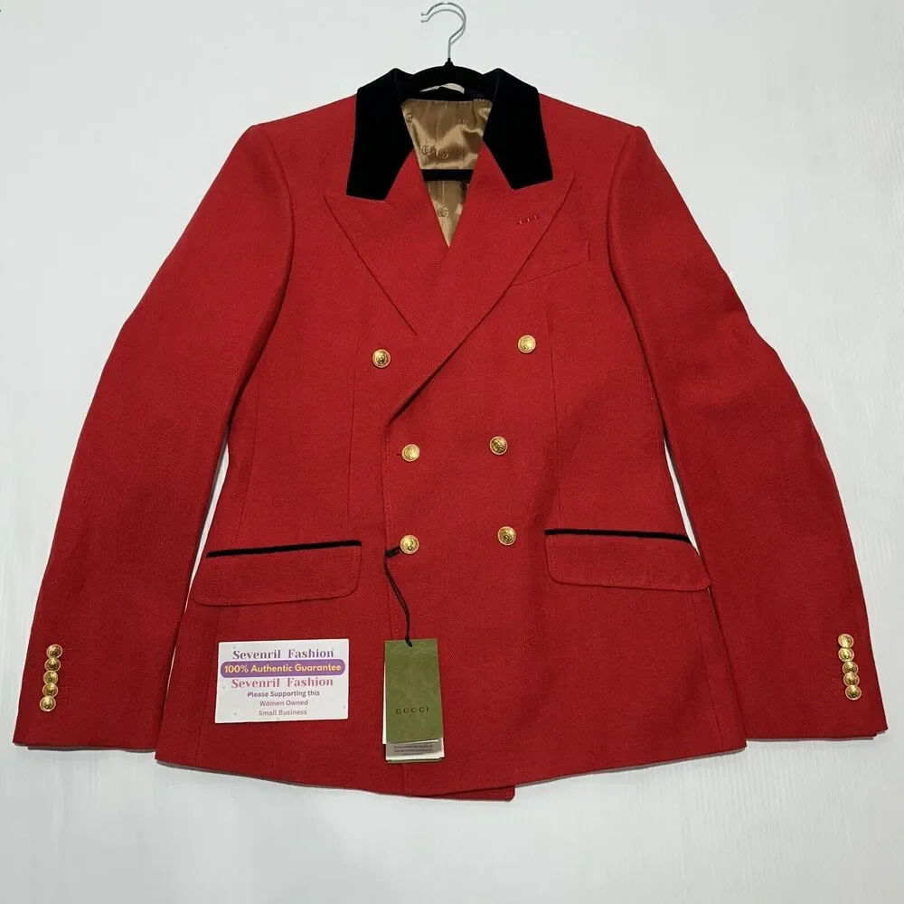 Gucci Herringbone Jacket 48 US 38 Red Wool Linen Double Breast Blazer NWT $3,600